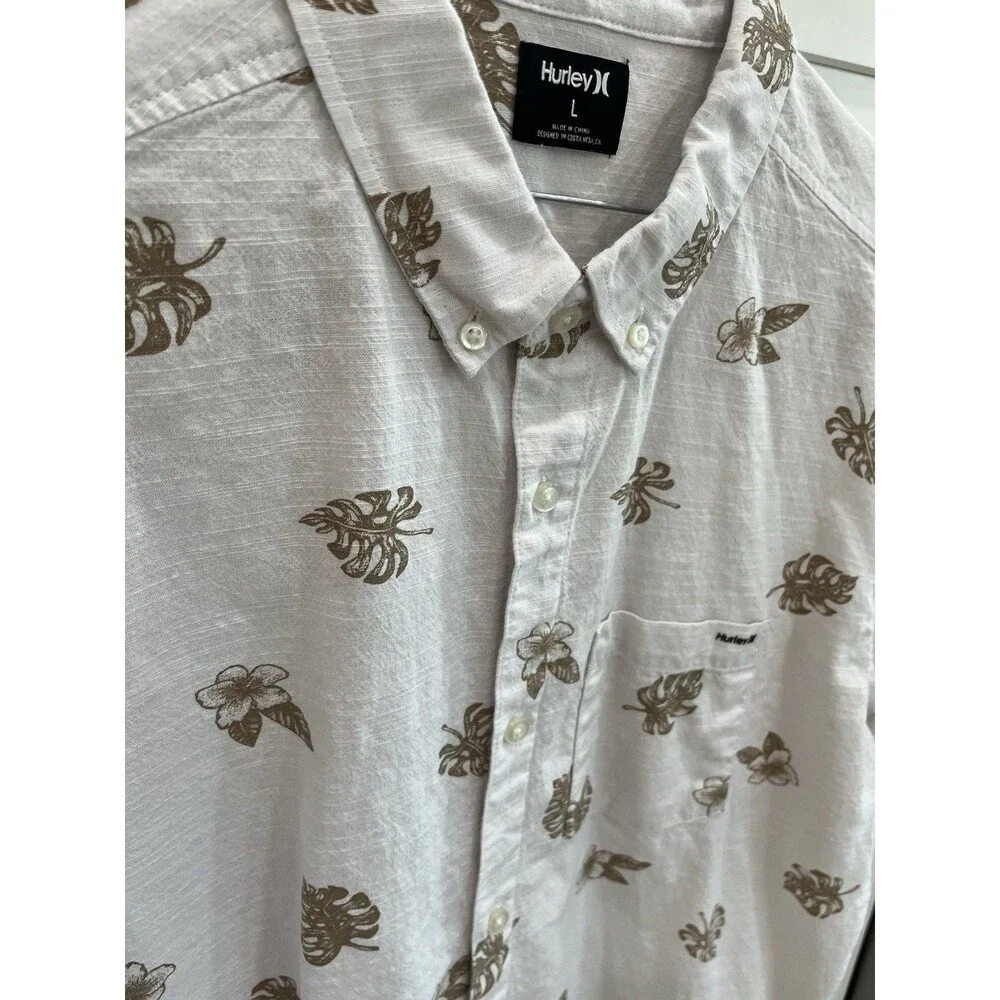 Hurley Men's Tropical Hawaiian Button Up Shirt White Brown Leaf Floral L